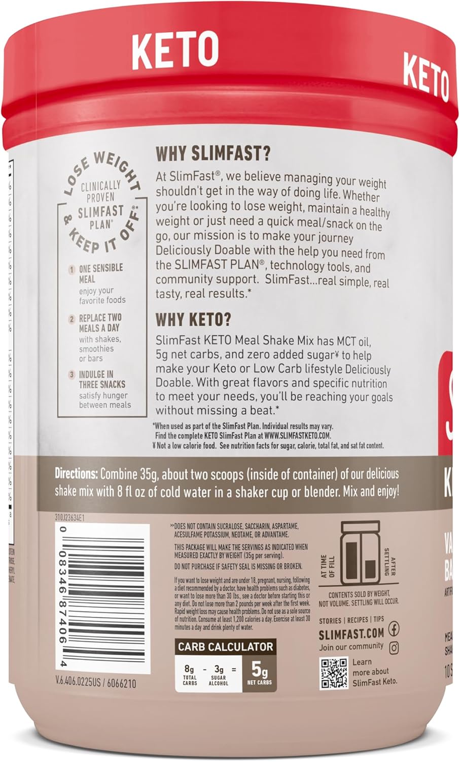SlimFast Keto Meal Replacement Powder, Vanilla Cake Batter, Low Carb with Whey & Collagen Protein, 10 Servings (Pack of 2) (Packaging May Vary)