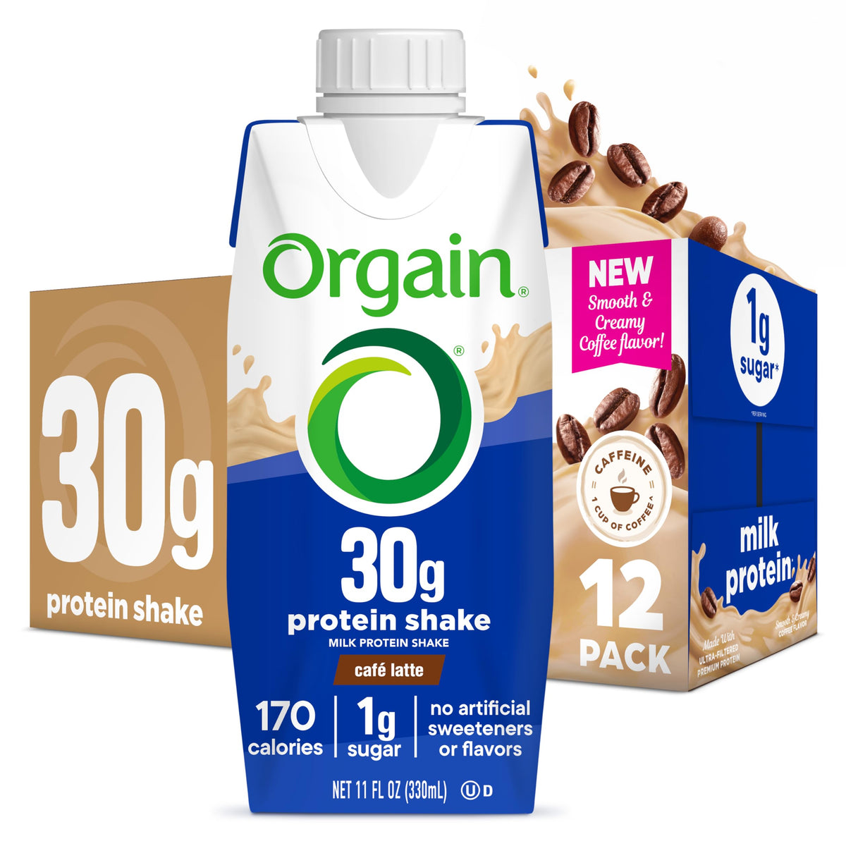 Orgain 38g High Protein Grass-Fed Shake, 6g BCAAs, Chocolate, 14 oz, 12pk