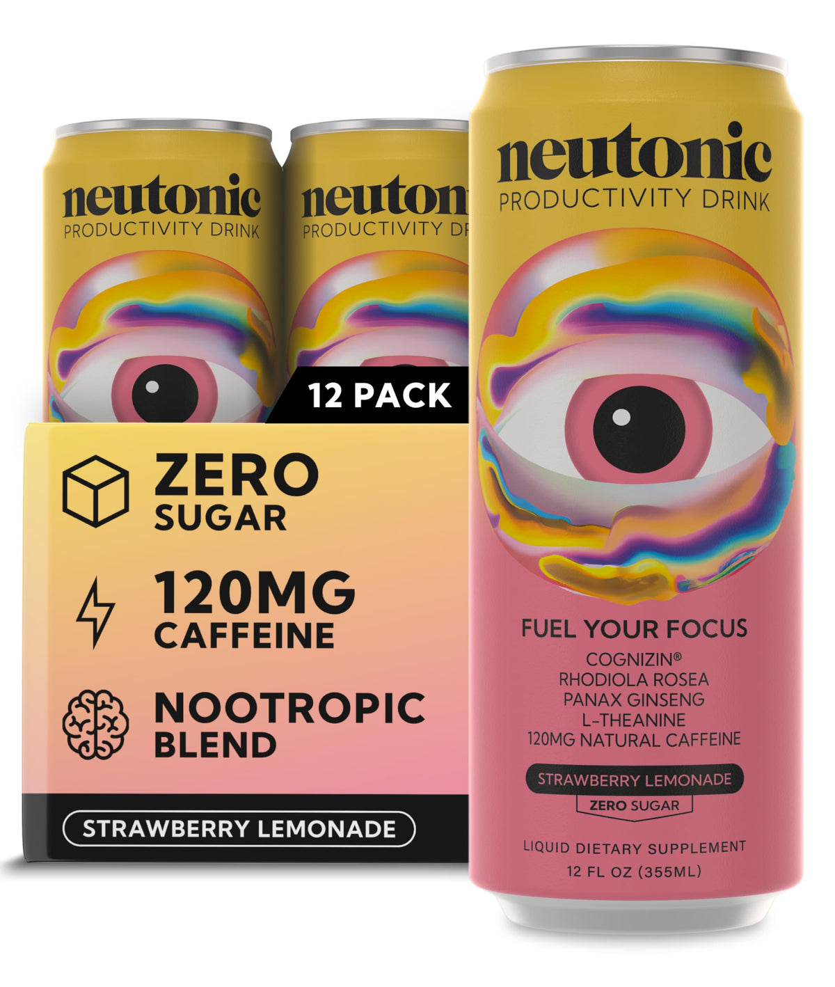 Neutonic Nootropic Productivity Energy Drink | Variety Pack 12 Cans | 120mg Natural Caffeine, Zero Sugar | Support Memory, Mental Clarity, Cognitive Function | Boost Focus, Energy, Brain Health
