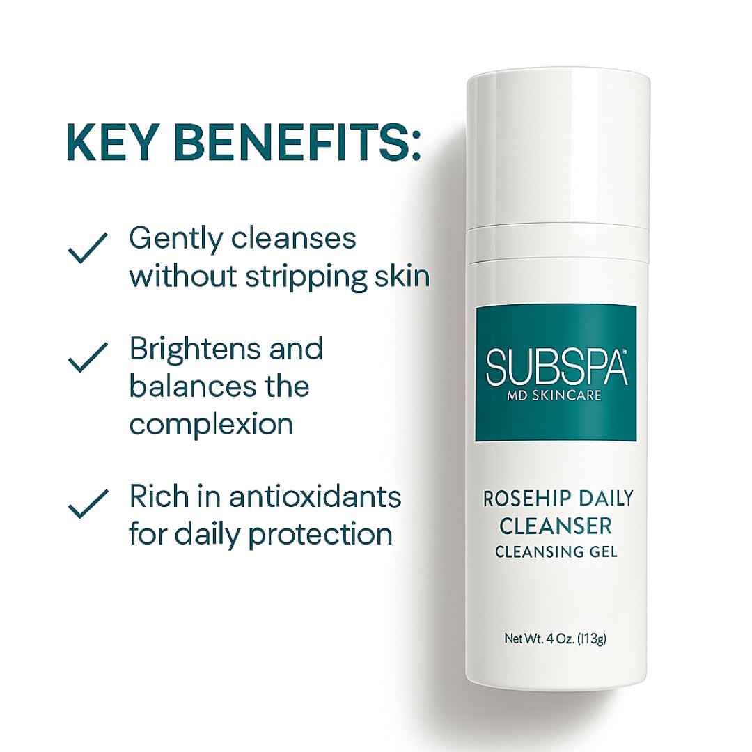 MD Rosehip Daily Face Cleanser – Doctor Developed - Hydrating Gel Wash with Seaweed, Neem & Rosehip Seed Oil – Vitamin A Rich, Anti-Aging, Soothing & Deep Cleansing – For All Skin Types – 4oz