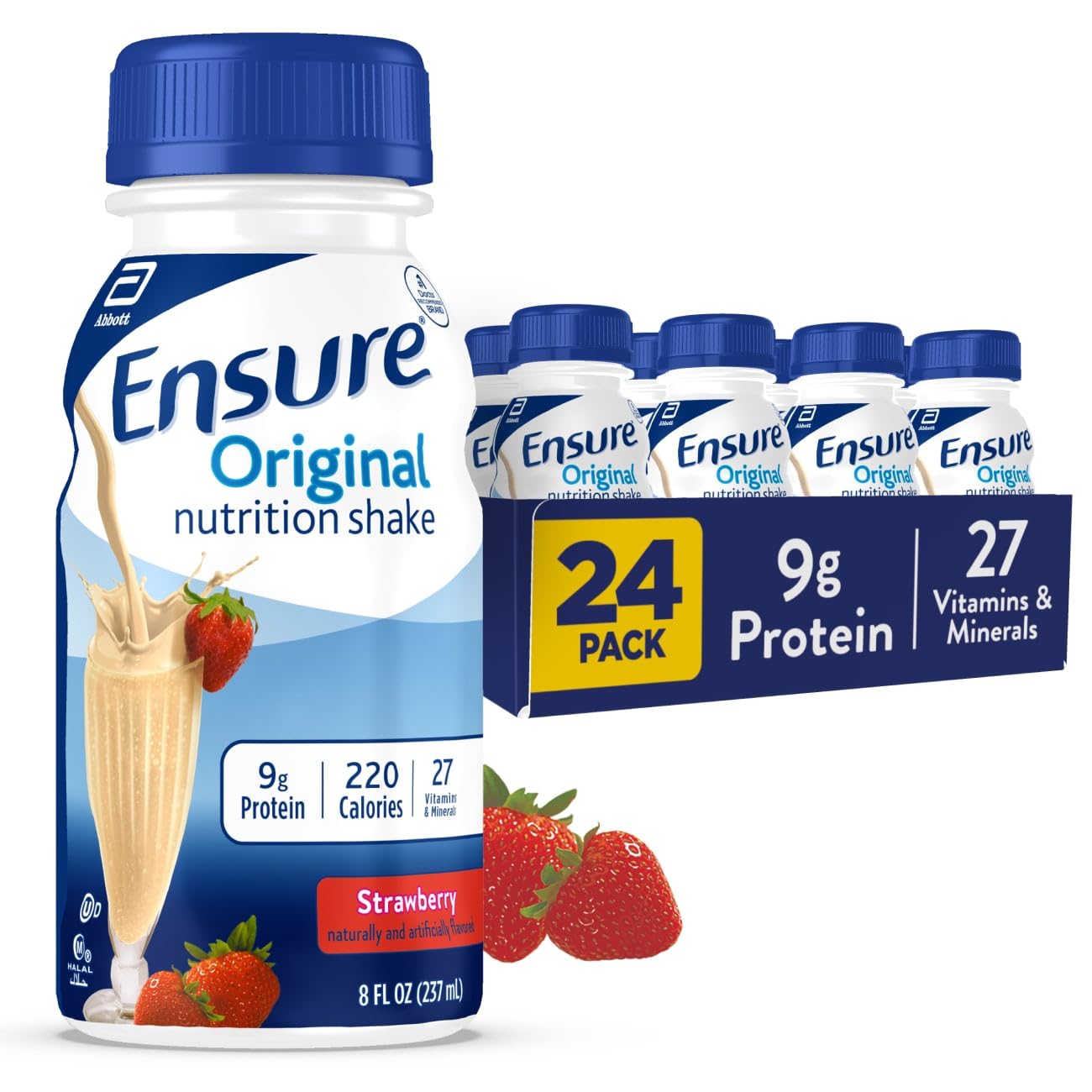 Ensure Original Strawberry Nutrition Shake | Small Meal Replacement Shake | Ready To Drink | 9g Protein, 27 Vitamins and Minerals | 8 fl oz - 24 Pack