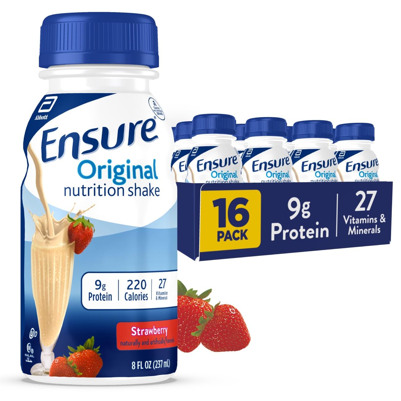 Ensure Original Strawberry Nutrition Shake | Small Meal Replacement Shake | Ready To Drink | 9g Protein, 27 Vitamins and Minerals | 8 fl oz - 24 Pack