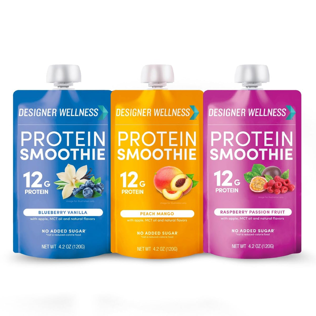 Designer Wellness Protein Smoothie, Super Fruit Variety Pack, 12g Whey Protein, Real Fruit Smoothie Snack, No Added Sugar, Low Carb, Gluten-Free, Shelf-Stable Protein Pouches with MCT Oil - 12 Pack (4.2 Fl Oz each)