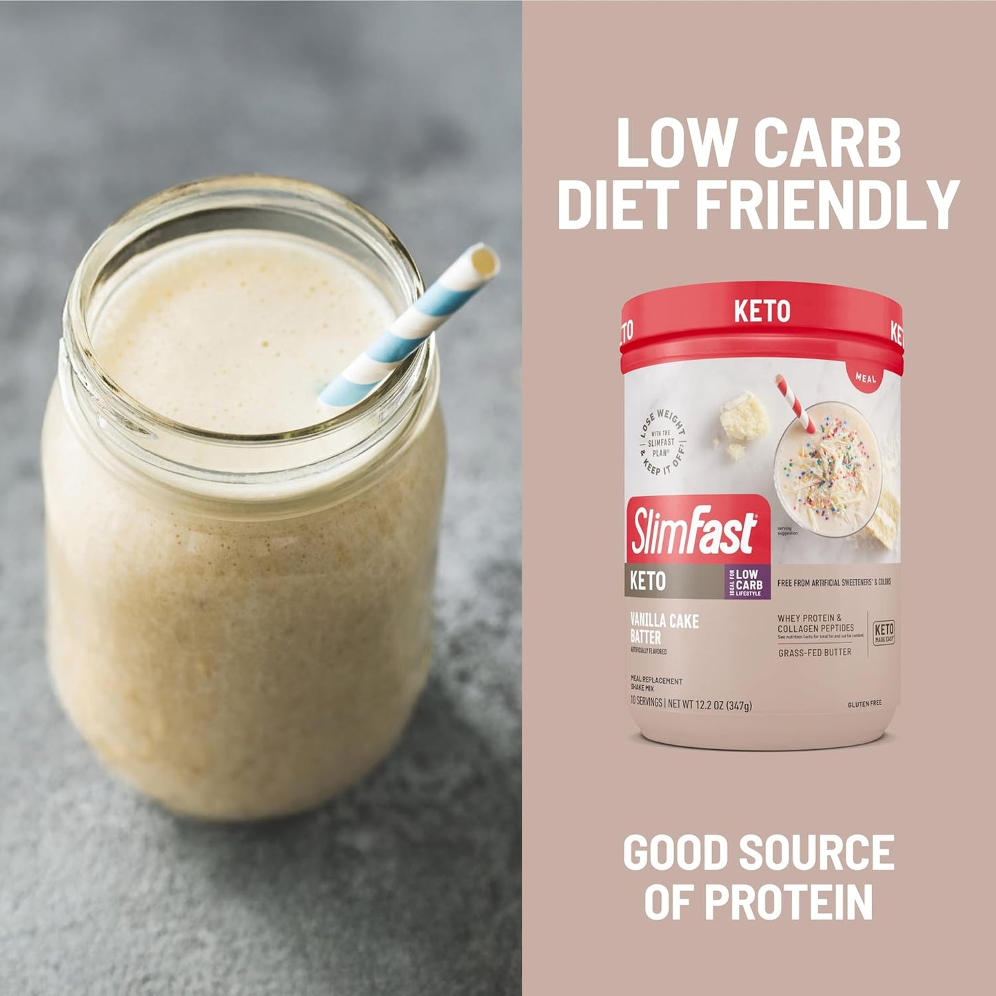 SlimFast Keto Meal Replacement Powder, Vanilla Cake Batter, Low Carb with Whey & Collagen Protein, 10 Servings (Pack of 2) (Packaging May Vary)