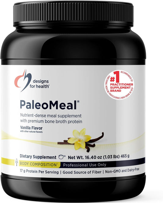 Designs for Health PaleoMeal - Bone Broth Protein Powder with 17g Protein, Meal Replacement Shake Dietary Supplement with Active Folate + Chelated Minerals, Vanilla (15 Servings / 480g)