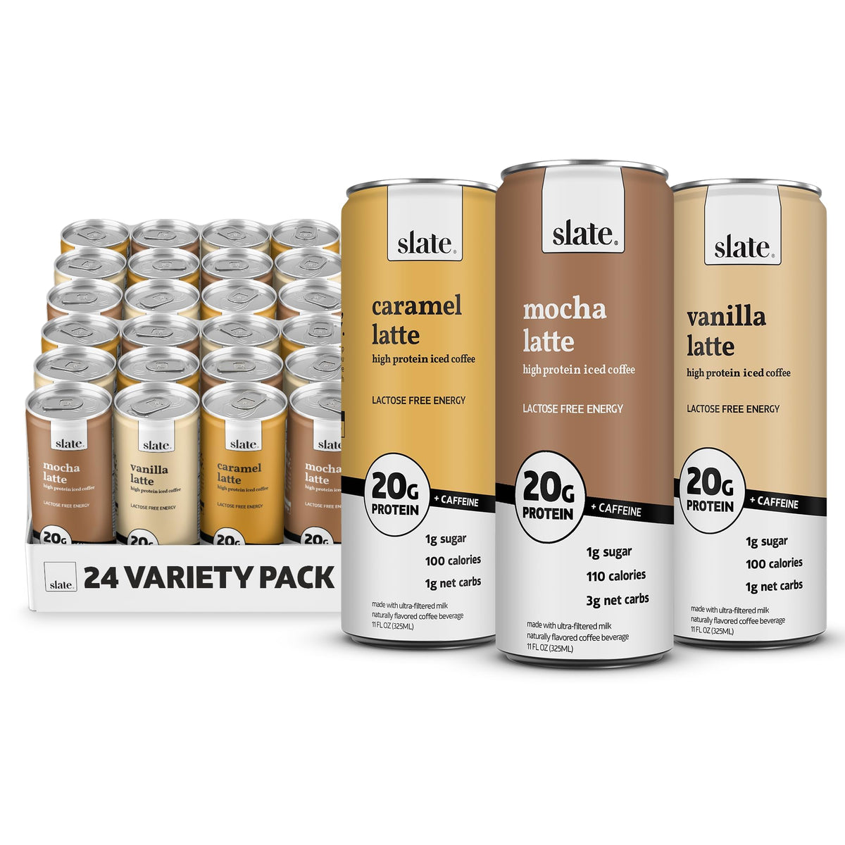 Slate Milk - High Protein Iced Coffee - Caramel Latte - 175mg Caffeine, Lactose Free Energy - 20g Protein, 1g Sugar, 100 Calories, 1g Net Carbs, No Sugar Added - Protein Coffee - 11 fl oz, 12 Cans