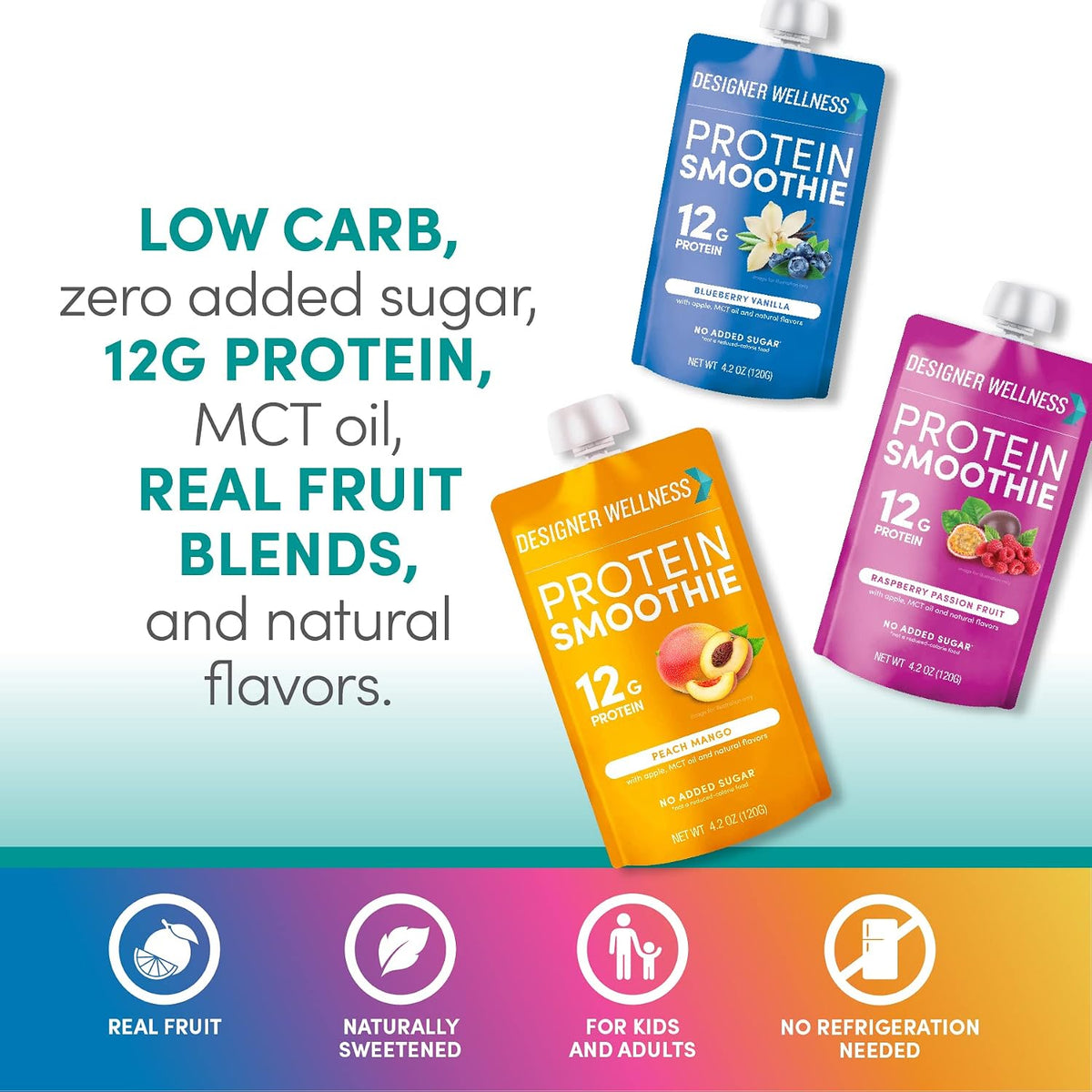 Designer Wellness Protein Smoothie, Super Fruit Variety Pack, 12g Whey Protein, Real Fruit Smoothie Snack, No Added Sugar, Low Carb, Gluten-Free, Shelf-Stable Protein Pouches with MCT Oil - 12 Pack (4.2 Fl Oz each)