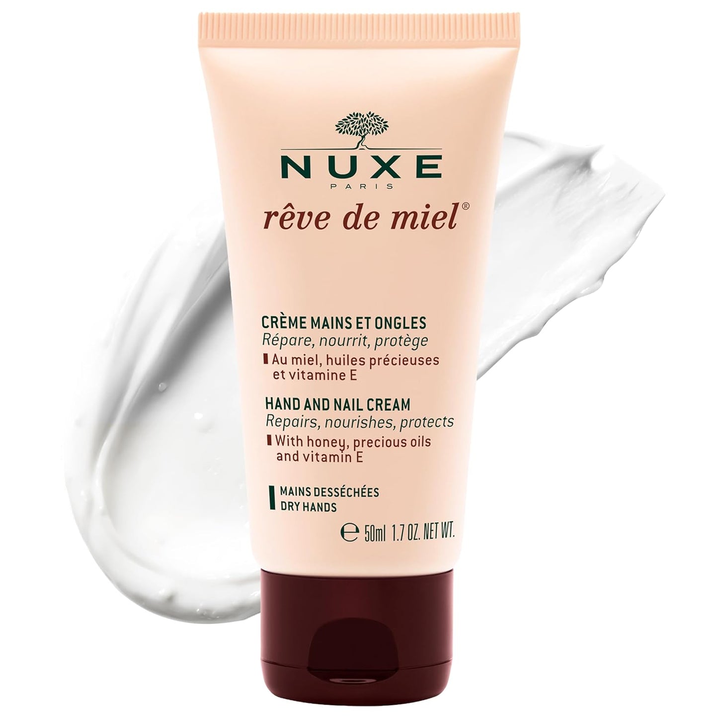 Nuxe Rêve de Miel Hand and Nail Cream With Honey Shea Butter Almond Oil and Vitamin E for Dry Cracked Hands, 1.7 Fl Oz
