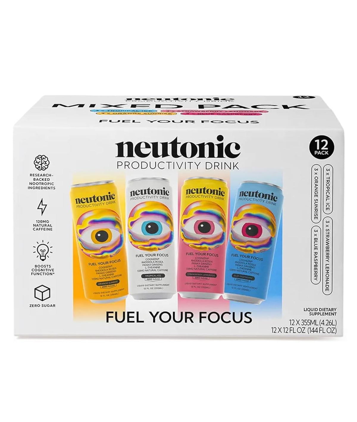 Neutonic Nootropic Productivity Energy Drink | Variety Pack 12 Cans | 120mg Natural Caffeine, Zero Sugar | Support Memory, Mental Clarity, Cognitive Function | Boost Focus, Energy, Brain Health