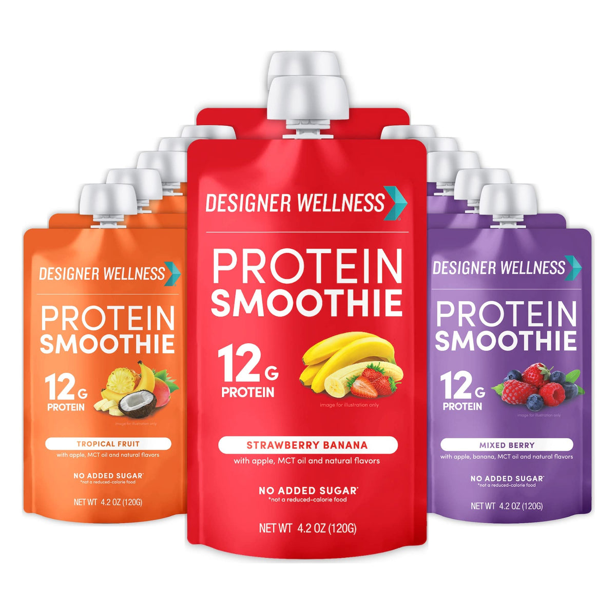 Designer Wellness Protein Smoothie, Super Fruit Variety Pack, 12g Whey Protein, Real Fruit Smoothie Snack, No Added Sugar, Low Carb, Gluten-Free, Shelf-Stable Protein Pouches with MCT Oil - 12 Pack (4.2 Fl Oz each)