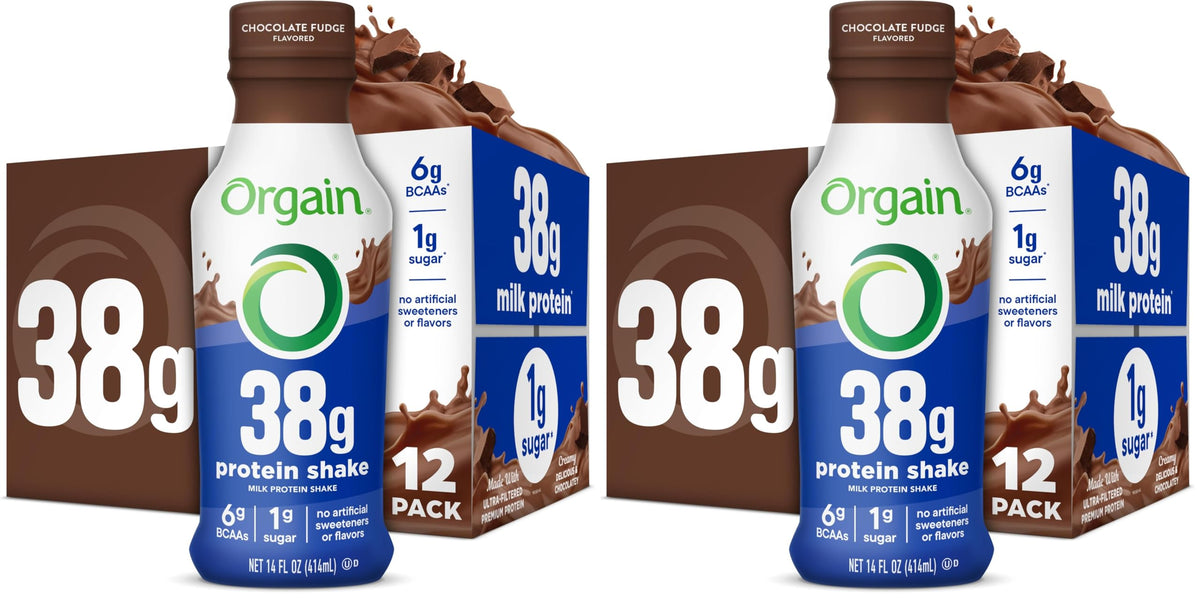 Orgain 38g High Protein Grass-Fed Shake, 6g BCAAs, Chocolate, 14 oz, 12pk