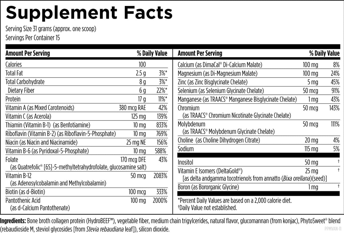 Designs for Health PaleoMeal - Bone Broth Protein Powder with 17g Protein, Meal Replacement Shake Dietary Supplement with Active Folate + Chelated Minerals, Vanilla (15 Servings / 480g)