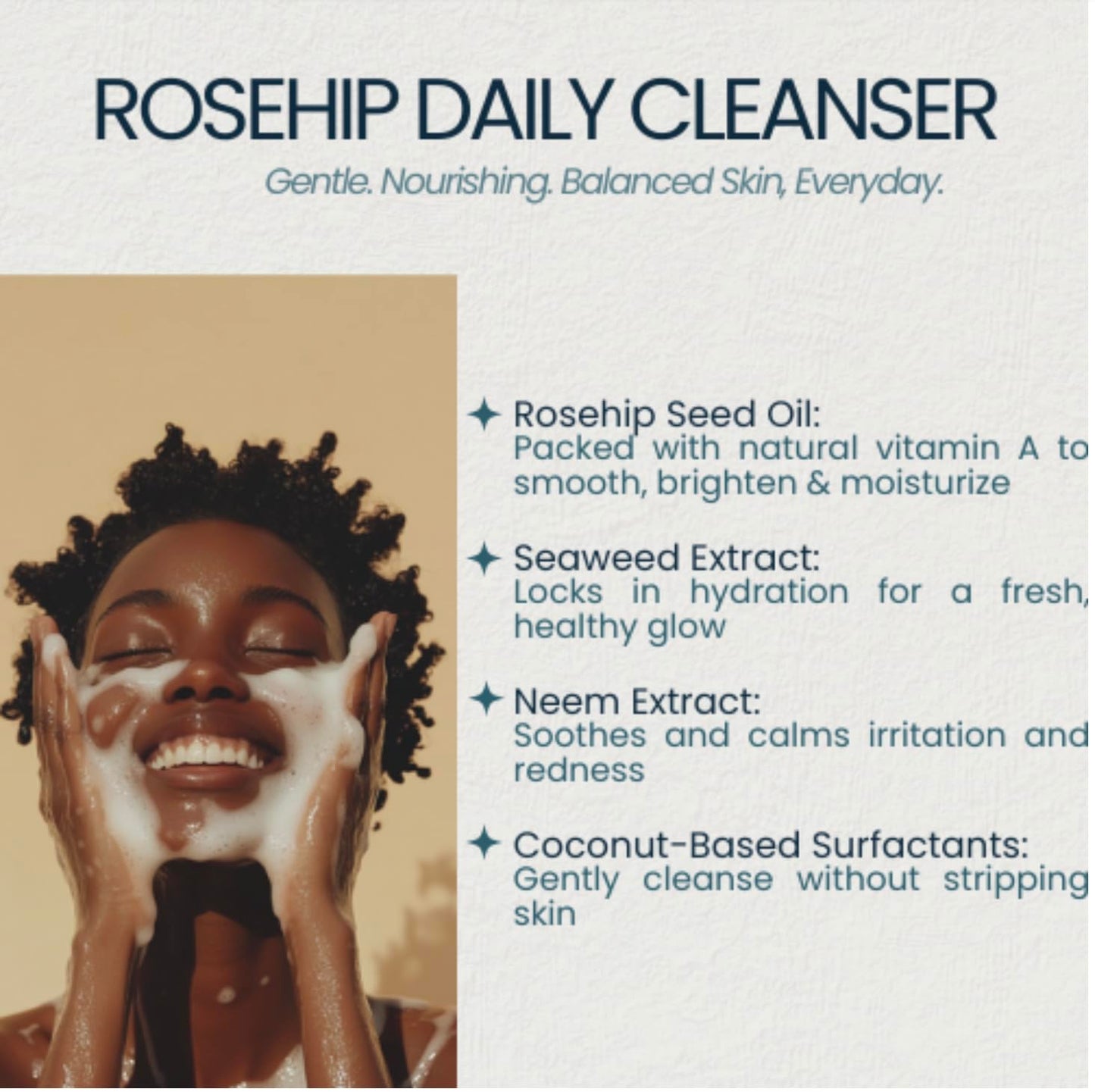 MD Rosehip Daily Face Cleanser – Doctor Developed - Hydrating Gel Wash with Seaweed, Neem & Rosehip Seed Oil – Vitamin A Rich, Anti-Aging, Soothing & Deep Cleansing – For All Skin Types – 4oz