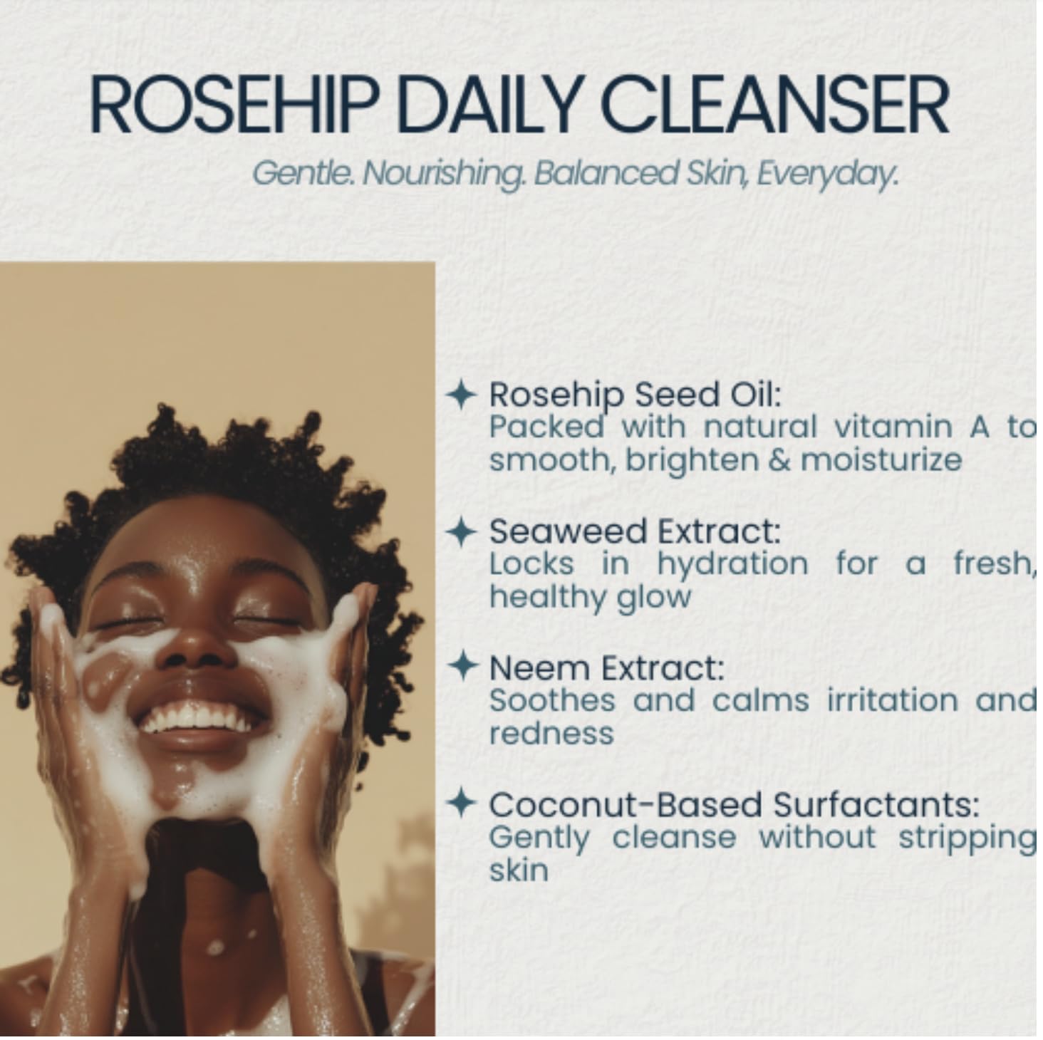MD Rosehip Daily Face Cleanser – Doctor Developed - Hydrating Gel Wash with Seaweed, Neem & Rosehip Seed Oil – Vitamin A Rich, Anti-Aging, Soothing & Deep Cleansing – For All Skin Types – 4oz