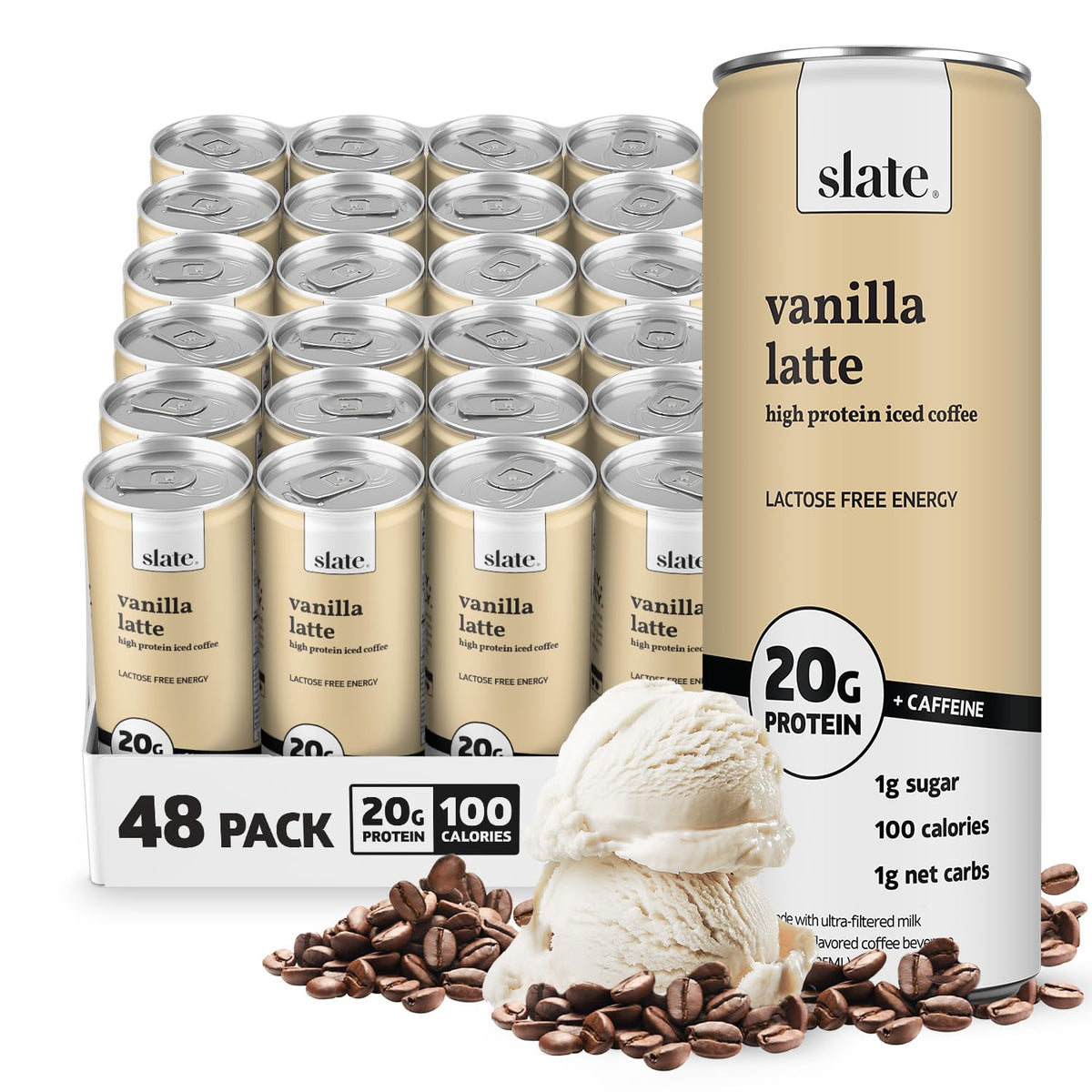 Slate Milk - High Protein Iced Coffee - Caramel Latte - 175mg Caffeine, Lactose Free Energy - 20g Protein, 1g Sugar, 100 Calories, 1g Net Carbs, No Sugar Added - Protein Coffee - 11 fl oz, 12 Cans