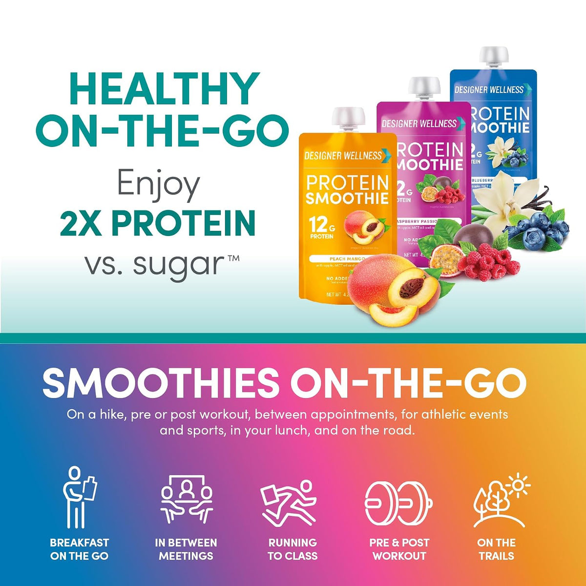 Designer Wellness Protein Smoothie, Super Fruit Variety Pack, 12g Whey Protein, Real Fruit Smoothie Snack, No Added Sugar, Low Carb, Gluten-Free, Shelf-Stable Protein Pouches with MCT Oil - 12 Pack (4.2 Fl Oz each)