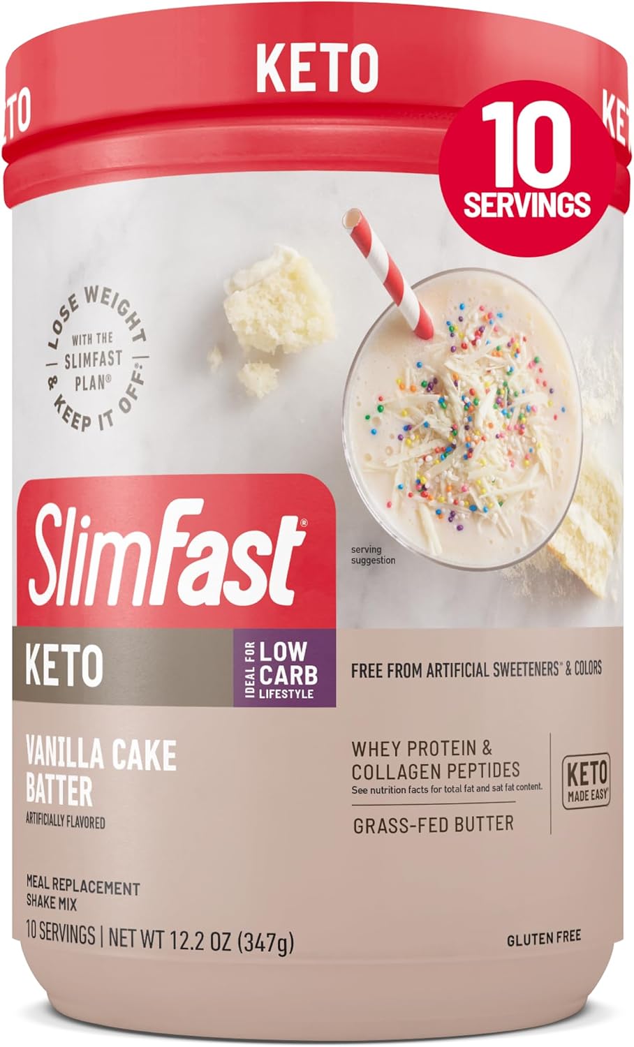 SlimFast Keto Meal Replacement Powder, Vanilla Cake Batter, Low Carb with Whey & Collagen Protein, 10 Servings (Pack of 2) (Packaging May Vary)