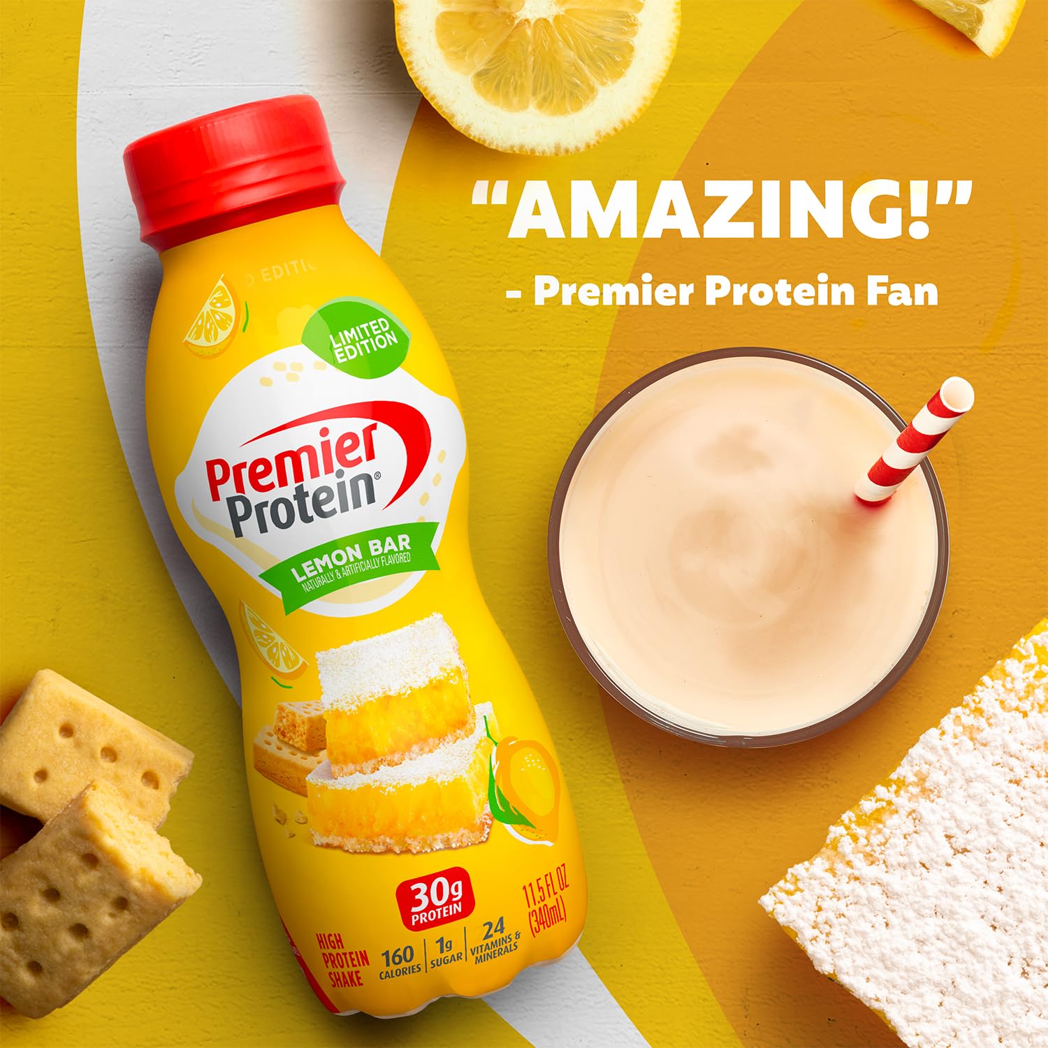 Premier Protein Shake, Limited Edition, Lemon Bar, 30g Protein, 1g Sugar, 24 Vitamins & Minerals, 11.5 Fl Oz (Pack of 12) Artwork Case