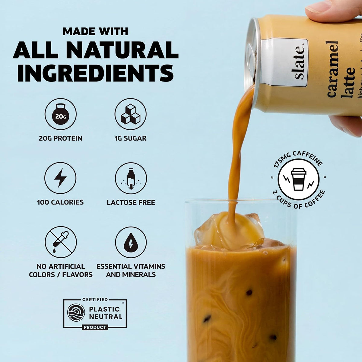 Slate Milk - High Protein Iced Coffee - Caramel Latte - 175mg Caffeine, Lactose Free Energy - 20g Protein, 1g Sugar, 100 Calories, 1g Net Carbs, No Sugar Added - Protein Coffee - 11 fl oz, 12 Cans