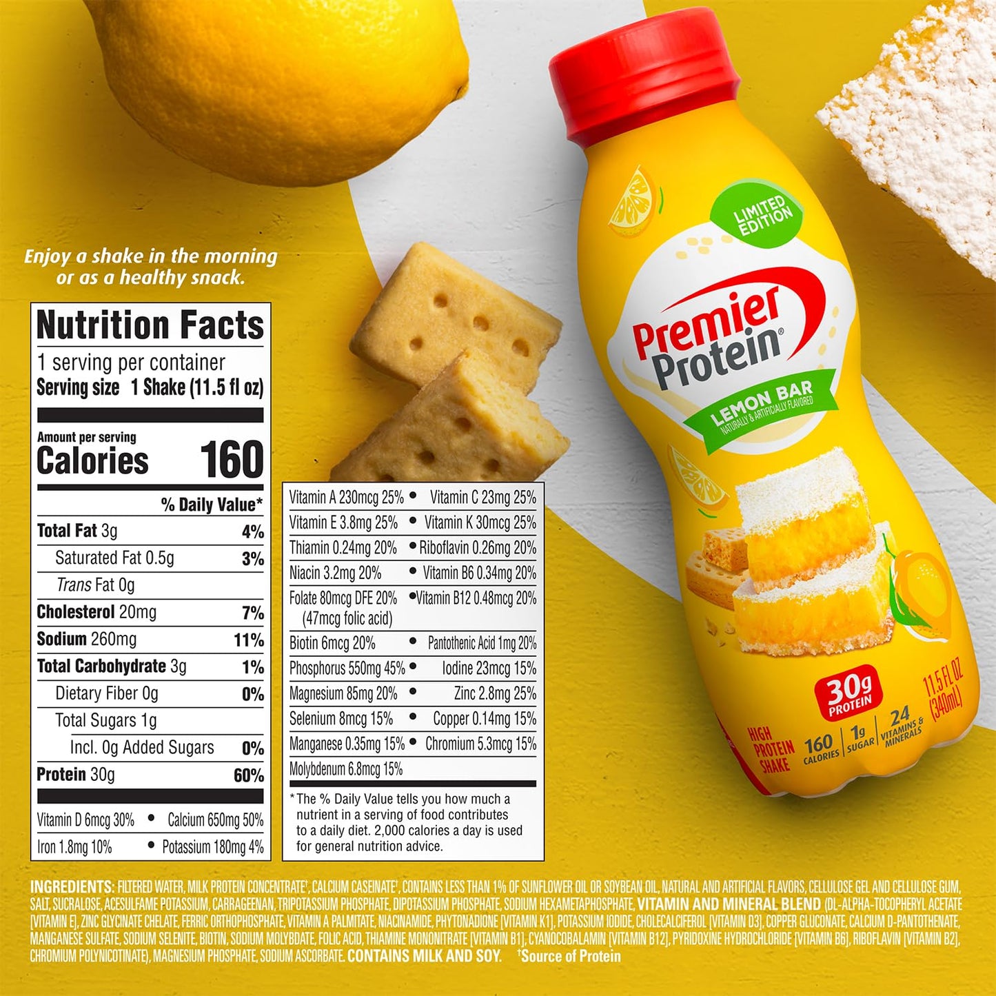 Premier Protein Shake, Limited Edition, Lemon Bar, 30g Protein, 1g Sugar, 24 Vitamins & Minerals, 11.5 Fl Oz (Pack of 12) Artwork Case