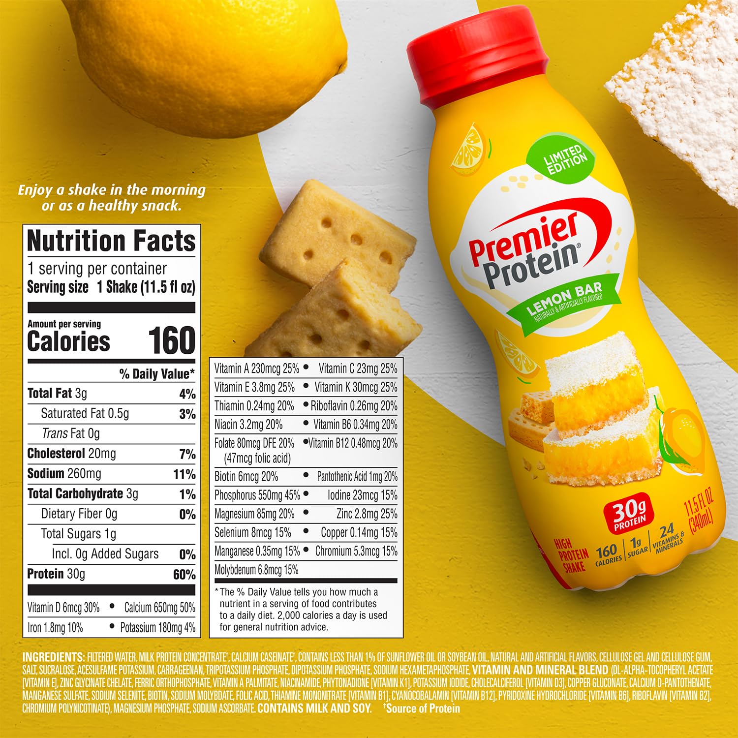 Premier Protein Shake, Limited Edition, Lemon Bar, 30g Protein, 1g Sugar, 24 Vitamins & Minerals, 11.5 Fl Oz (Pack of 12) Artwork Case