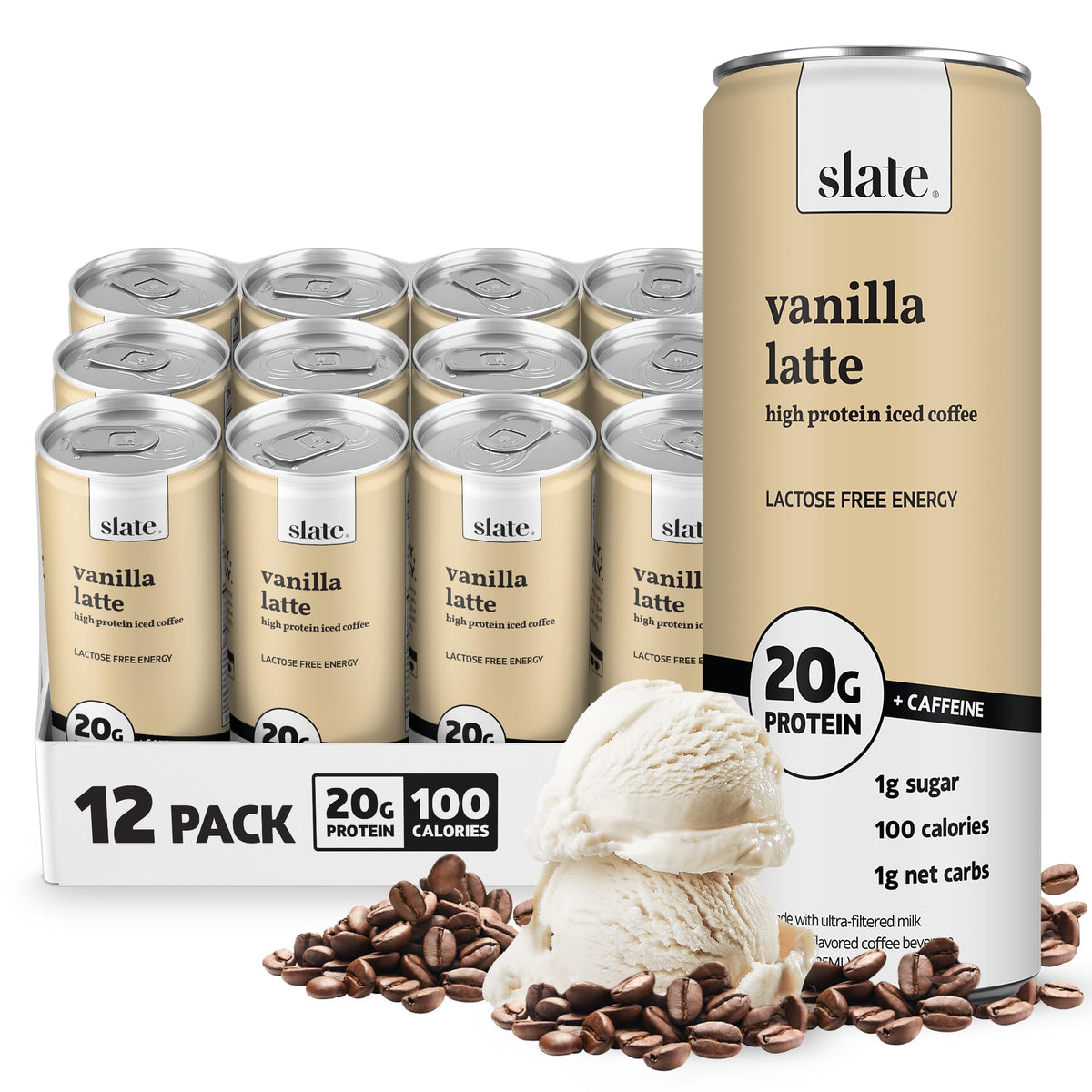 Slate Milk - High Protein Iced Coffee - Caramel Latte - 175mg Caffeine, Lactose Free Energy - 20g Protein, 1g Sugar, 100 Calories, 1g Net Carbs, No Sugar Added - Protein Coffee - 11 fl oz, 12 Cans