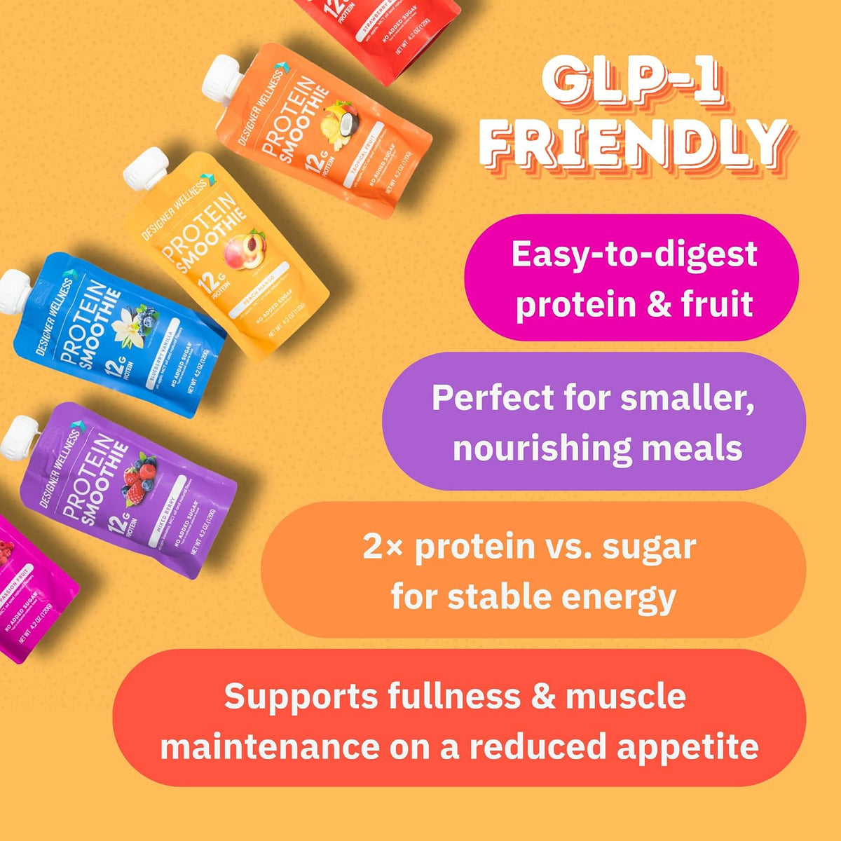 Designer Wellness Protein Smoothie, Super Fruit Variety Pack, 12g Whey Protein, Real Fruit Smoothie Snack, No Added Sugar, Low Carb, Gluten-Free, Shelf-Stable Protein Pouches with MCT Oil - 12 Pack (4.2 Fl Oz each)