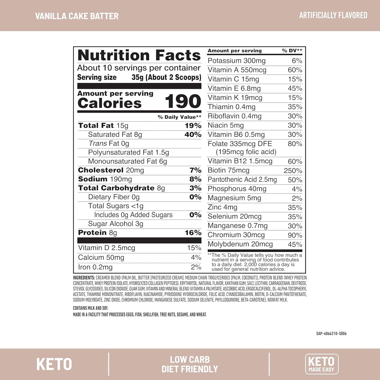 SlimFast Keto Meal Replacement Powder, Vanilla Cake Batter, Low Carb with Whey & Collagen Protein, 10 Servings (Pack of 2) (Packaging May Vary)
