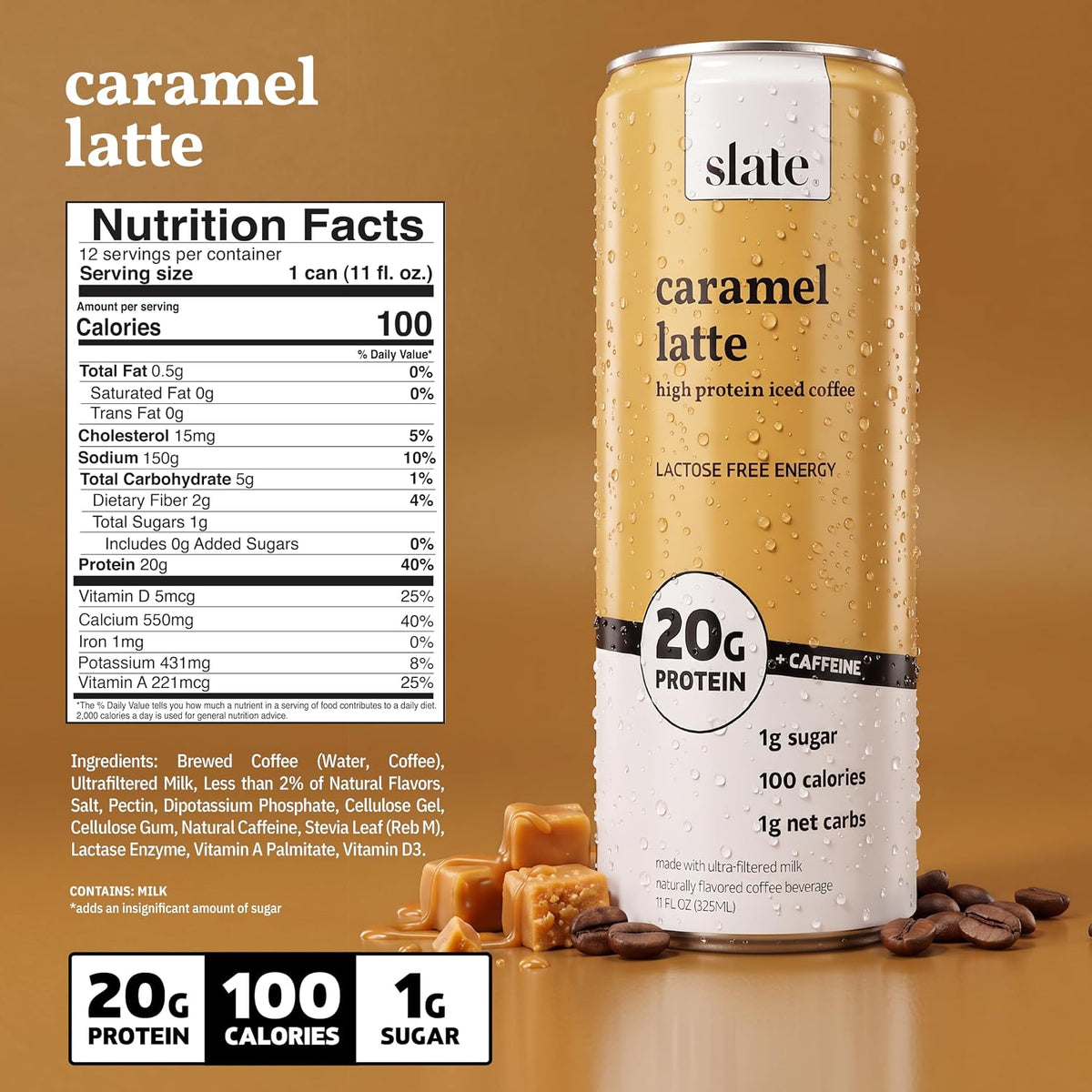 Slate Milk - High Protein Iced Coffee - Caramel Latte - 175mg Caffeine, Lactose Free Energy - 20g Protein, 1g Sugar, 100 Calories, 1g Net Carbs, No Sugar Added - Protein Coffee - 11 fl oz, 12 Cans