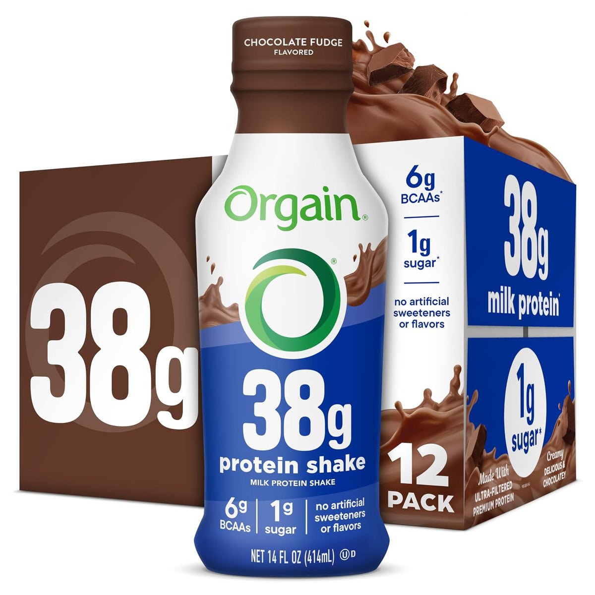 Orgain 38g High Protein Grass-Fed Shake, 6g BCAAs, Chocolate, 14 oz, 12pk