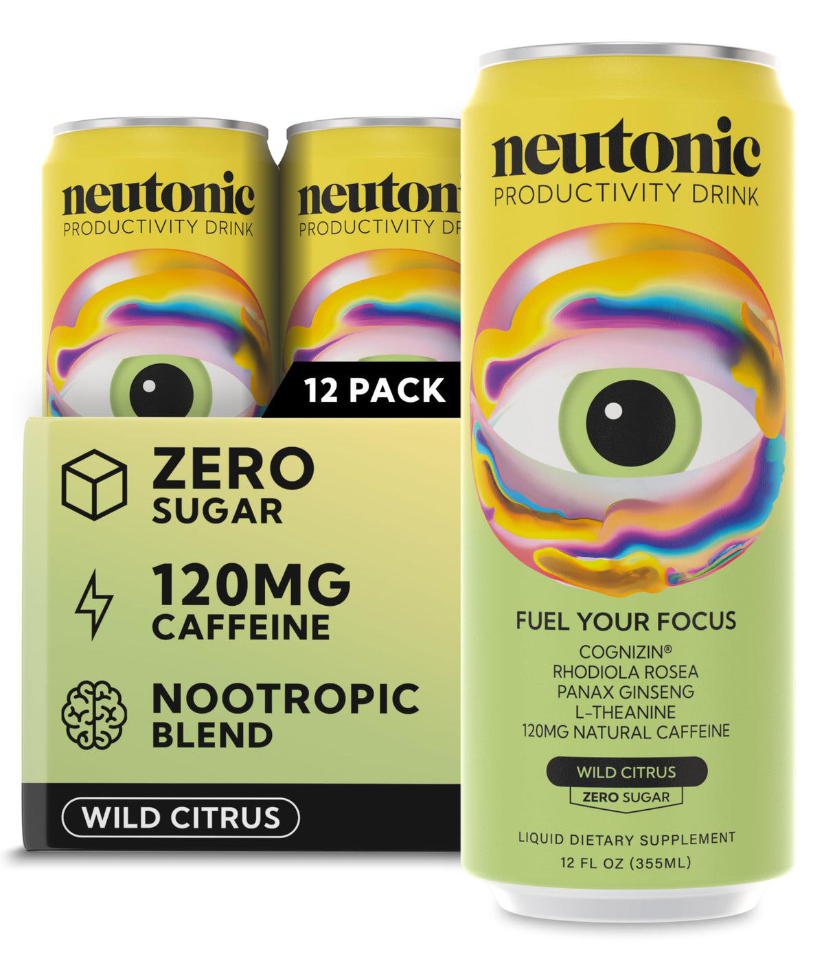 Neutonic Nootropic Productivity Energy Drink | Variety Pack 12 Cans | 120mg Natural Caffeine, Zero Sugar | Support Memory, Mental Clarity, Cognitive Function | Boost Focus, Energy, Brain Health