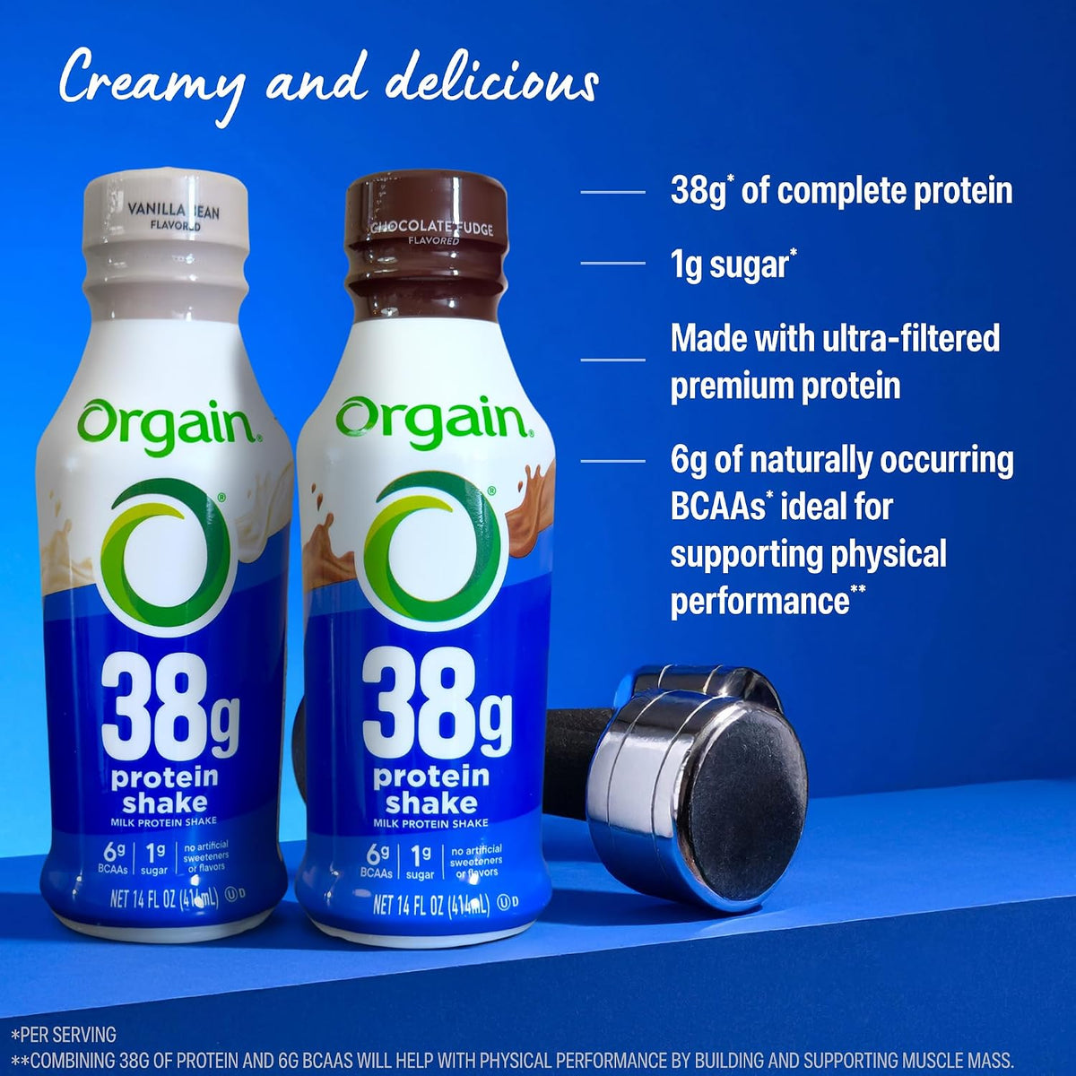 Orgain 38g High Protein Grass-Fed Shake, 6g BCAAs, Chocolate, 14 oz, 12pk