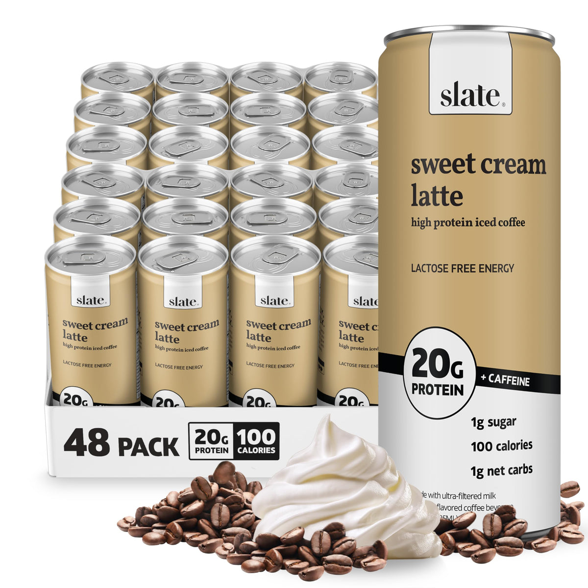 Slate Milk - High Protein Iced Coffee - Caramel Latte - 175mg Caffeine, Lactose Free Energy - 20g Protein, 1g Sugar, 100 Calories, 1g Net Carbs, No Sugar Added - Protein Coffee - 11 fl oz, 12 Cans