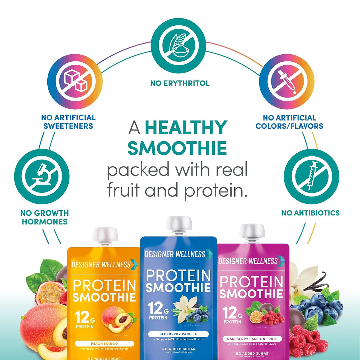 Designer Wellness Protein Smoothie, Super Fruit Variety Pack, 12g Whey Protein, Real Fruit Smoothie Snack, No Added Sugar, Low Carb, Gluten-Free, Shelf-Stable Protein Pouches with MCT Oil - 12 Pack (4.2 Fl Oz each)
