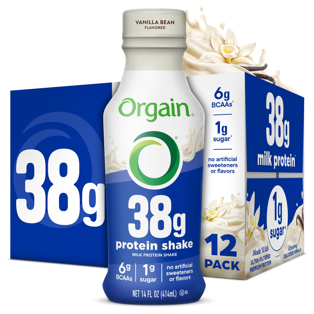 Orgain 38g High Protein Grass-Fed Shake, 6g BCAAs, Chocolate, 14 oz, 12pk