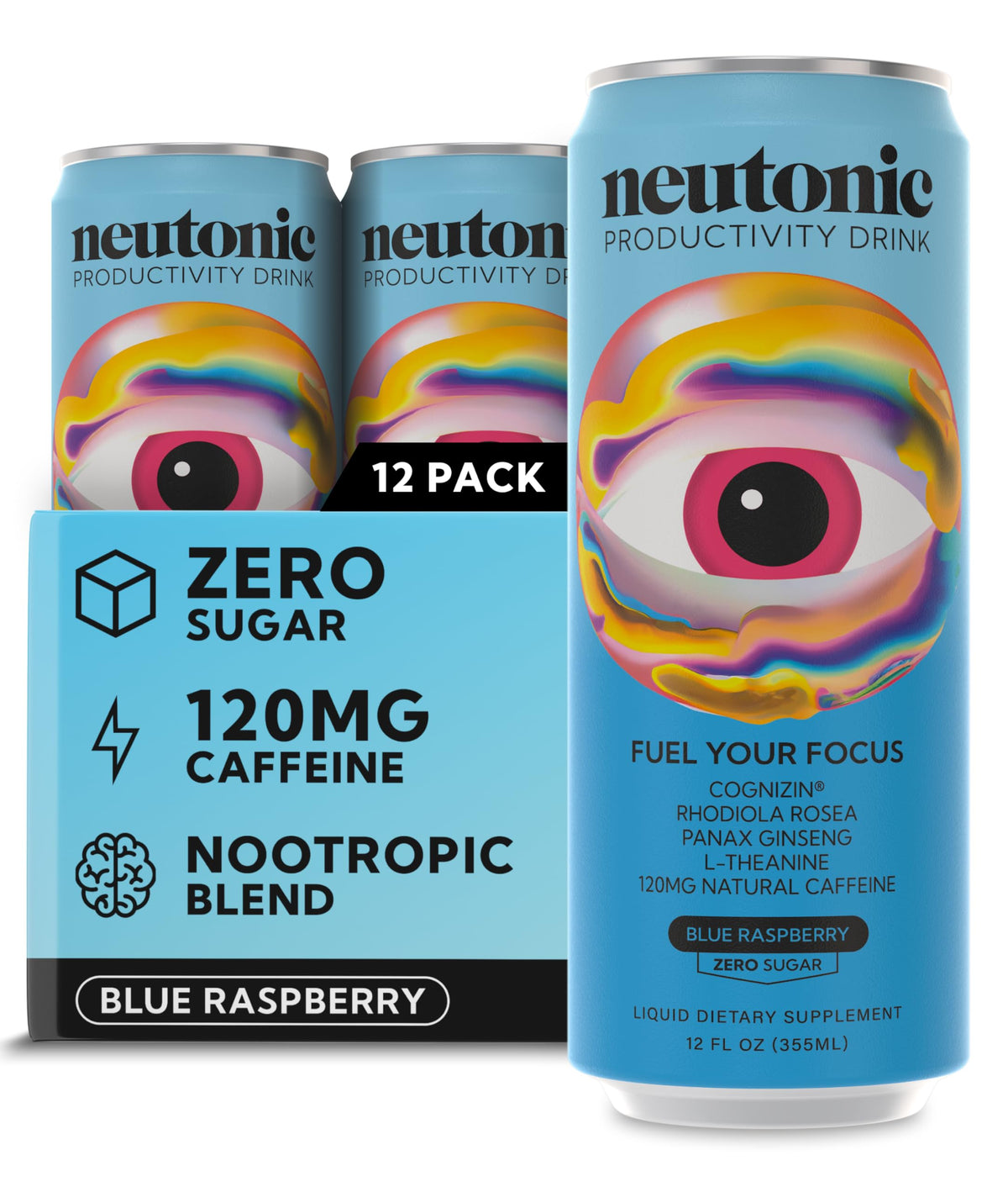 Neutonic Nootropic Productivity Energy Drink | Variety Pack 12 Cans | 120mg Natural Caffeine, Zero Sugar | Support Memory, Mental Clarity, Cognitive Function | Boost Focus, Energy, Brain Health