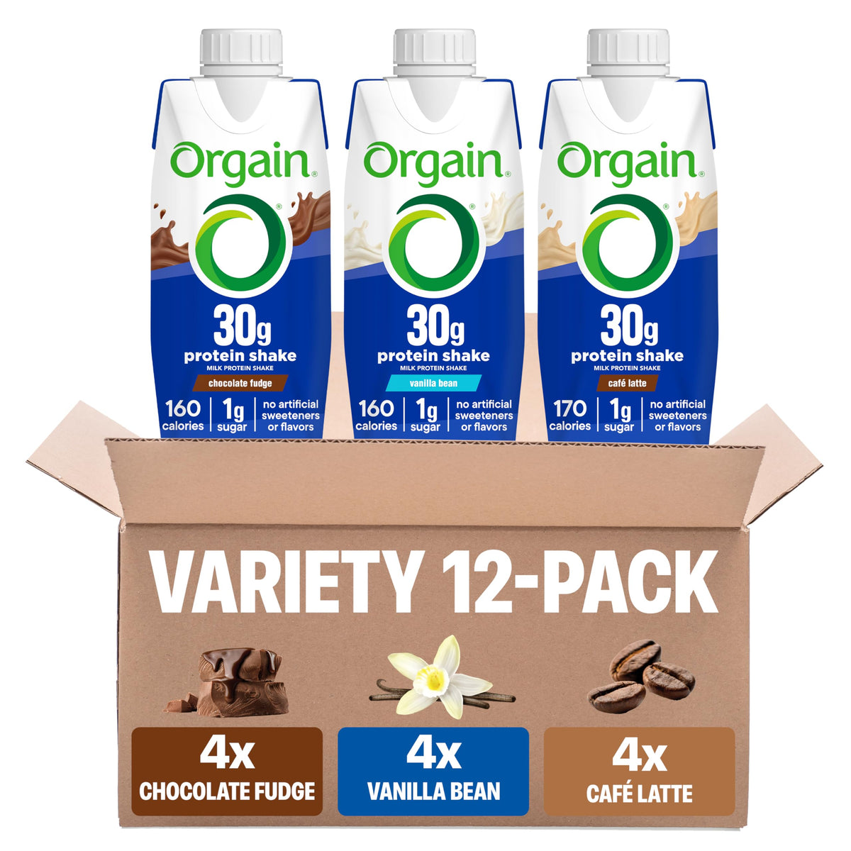 Orgain 38g High Protein Grass-Fed Shake, 6g BCAAs, Chocolate, 14 oz, 12pk