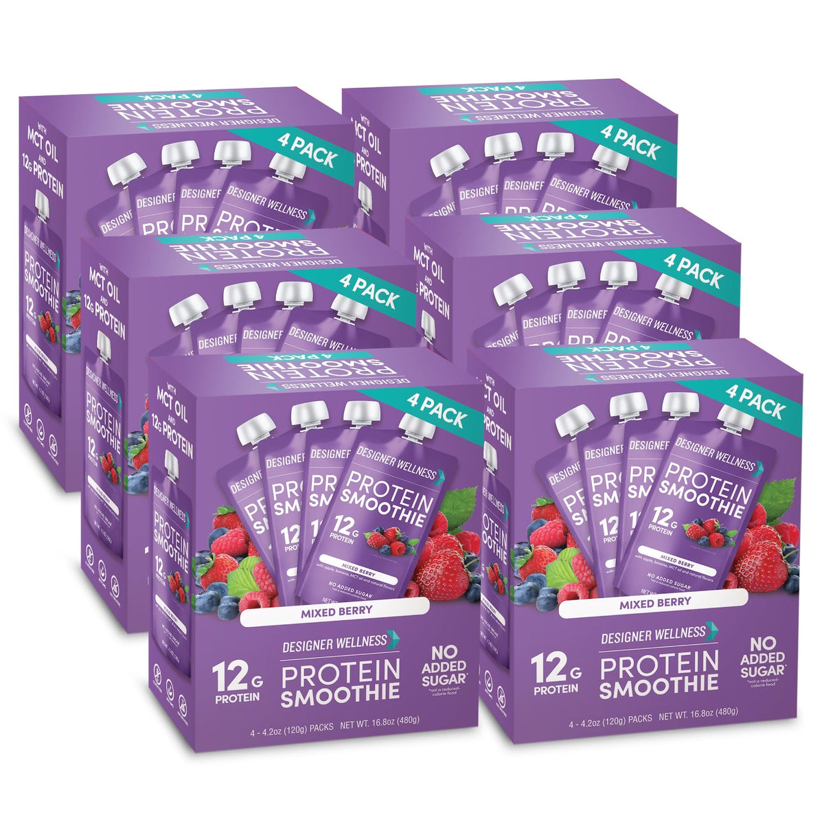 Designer Wellness Protein Smoothie, Super Fruit Variety Pack, 12g Whey Protein, Real Fruit Smoothie Snack, No Added Sugar, Low Carb, Gluten-Free, Shelf-Stable Protein Pouches with MCT Oil - 12 Pack (4.2 Fl Oz each)