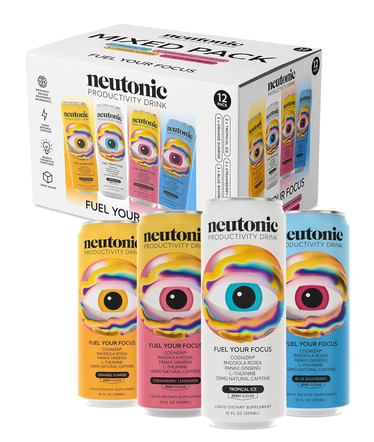 Neutonic Nootropic Productivity Energy Drink | Variety Pack 12 Cans | 120mg Natural Caffeine, Zero Sugar | Support Memory, Mental Clarity, Cognitive Function | Boost Focus, Energy, Brain Health