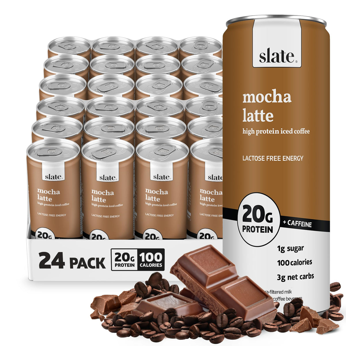 Slate Milk - High Protein Iced Coffee - Caramel Latte - 175mg Caffeine, Lactose Free Energy - 20g Protein, 1g Sugar, 100 Calories, 1g Net Carbs, No Sugar Added - Protein Coffee - 11 fl oz, 12 Cans