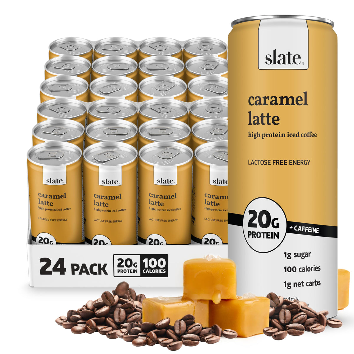 Slate Milk - High Protein Iced Coffee - Caramel Latte - 175mg Caffeine, Lactose Free Energy - 20g Protein, 1g Sugar, 100 Calories, 1g Net Carbs, No Sugar Added - Protein Coffee - 11 fl oz, 12 Cans