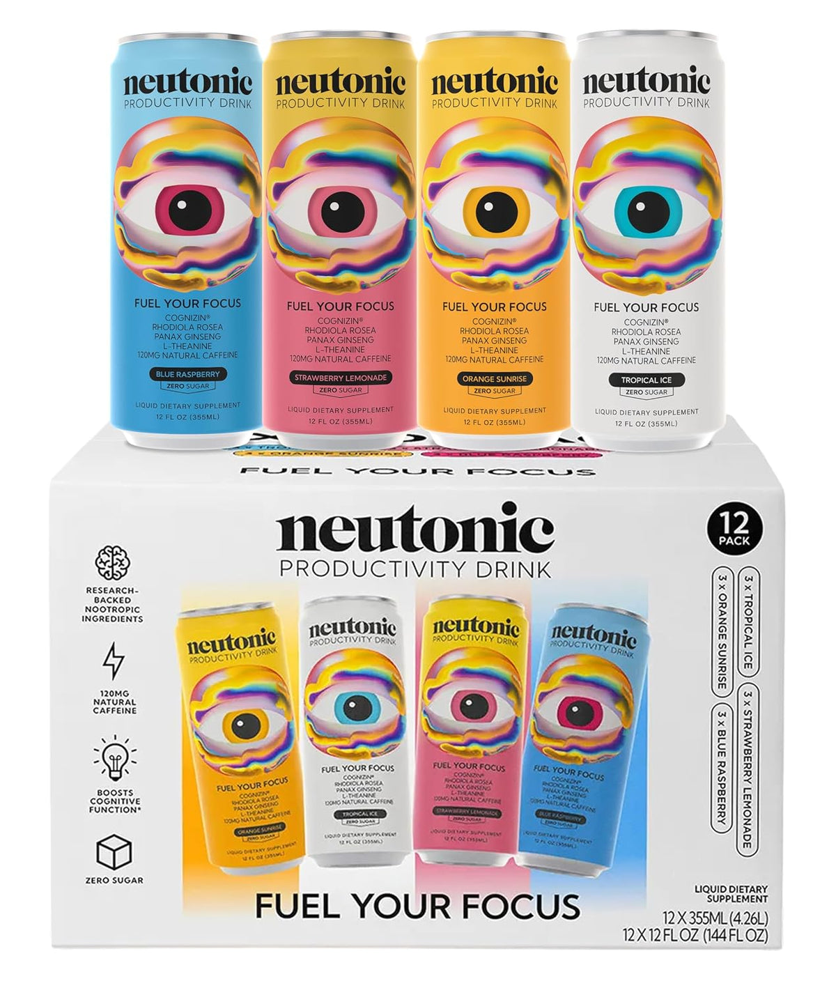 Neutonic Nootropic Productivity Energy Drink | Variety Pack 12 Cans | 120mg Natural Caffeine, Zero Sugar | Support Memory, Mental Clarity, Cognitive Function | Boost Focus, Energy, Brain Health
