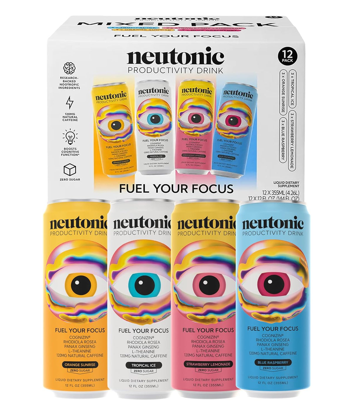 Neutonic Nootropic Productivity Energy Drink | Variety Pack 12 Cans | 120mg Natural Caffeine, Zero Sugar | Support Memory, Mental Clarity, Cognitive Function | Boost Focus, Energy, Brain Health