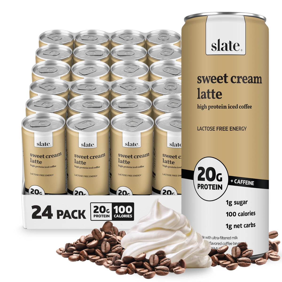 Slate Milk - High Protein Iced Coffee - Caramel Latte - 175mg Caffeine, Lactose Free Energy - 20g Protein, 1g Sugar, 100 Calories, 1g Net Carbs, No Sugar Added - Protein Coffee - 11 fl oz, 12 Cans