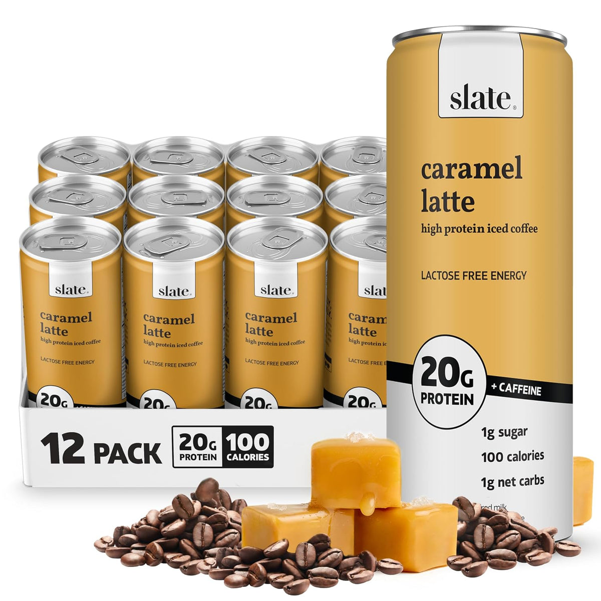 Slate Milk - High Protein Iced Coffee - Caramel Latte - 175mg Caffeine, Lactose Free Energy - 20g Protein, 1g Sugar, 100 Calories, 1g Net Carbs, No Sugar Added - Protein Coffee - 11 fl oz, 12 Cans