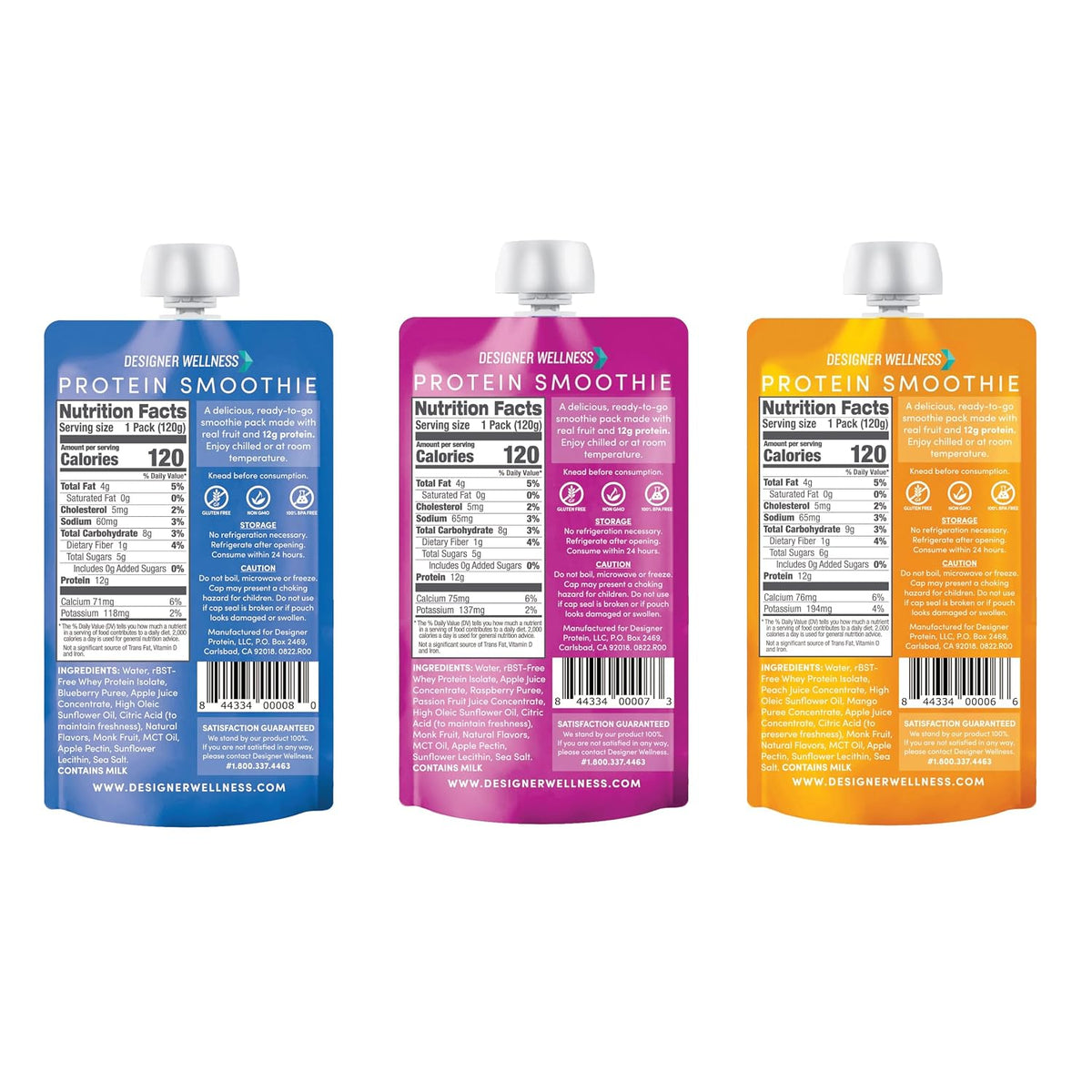 Designer Wellness Protein Smoothie, Super Fruit Variety Pack, 12g Whey Protein, Real Fruit Smoothie Snack, No Added Sugar, Low Carb, Gluten-Free, Shelf-Stable Protein Pouches with MCT Oil - 12 Pack (4.2 Fl Oz each)