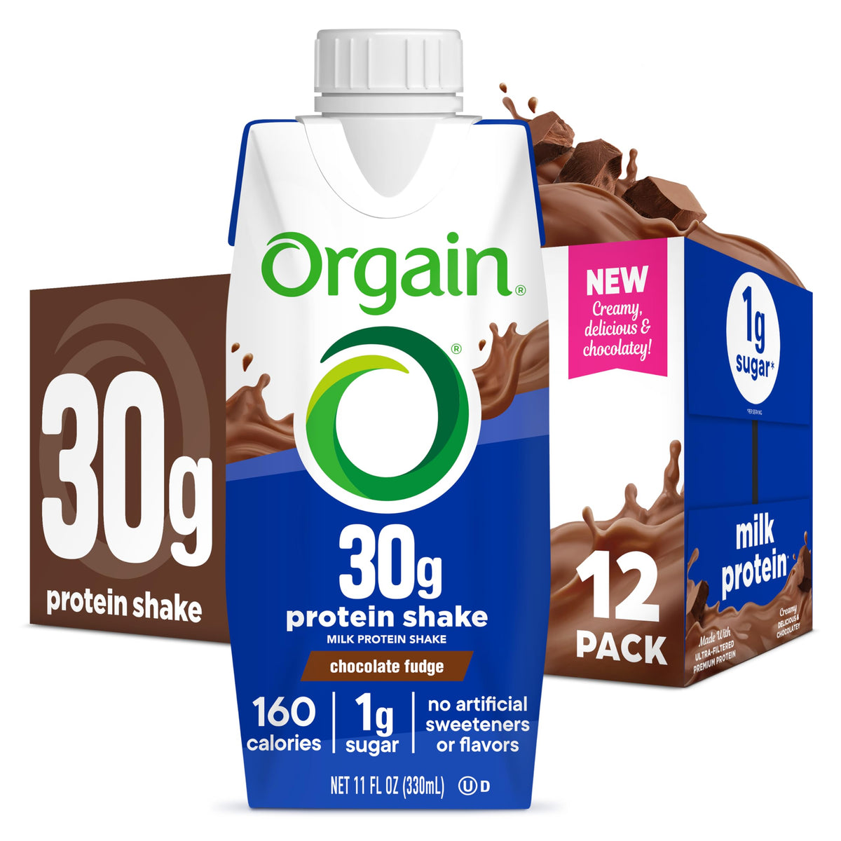 Orgain 38g High Protein Grass-Fed Shake, 6g BCAAs, Chocolate, 14 oz, 12pk