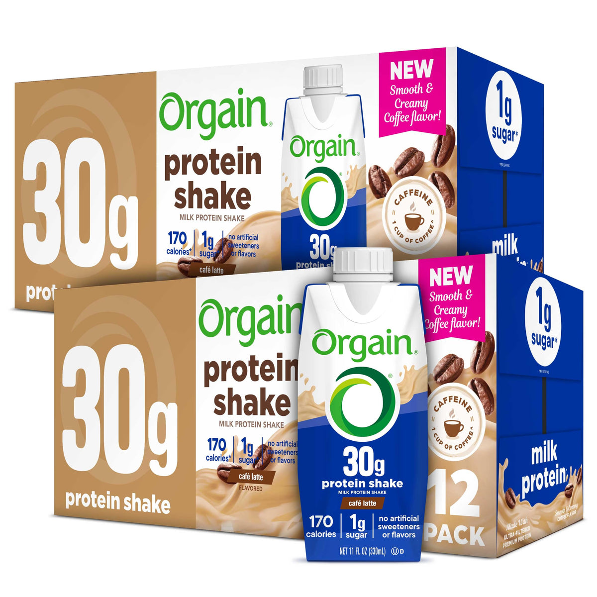 Orgain 38g High Protein Grass-Fed Shake, 6g BCAAs, Chocolate, 14 oz, 12pk
