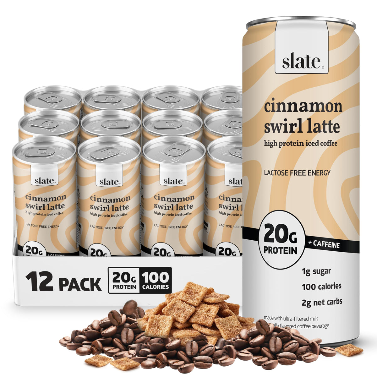 Slate Milk - High Protein Iced Coffee - Caramel Latte - 175mg Caffeine, Lactose Free Energy - 20g Protein, 1g Sugar, 100 Calories, 1g Net Carbs, No Sugar Added - Protein Coffee - 11 fl oz, 12 Cans
