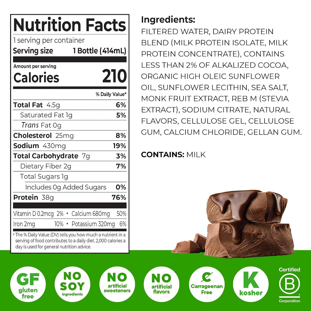 Orgain 38g High Protein Grass-Fed Shake, 6g BCAAs, Chocolate, 14 oz, 12pk
